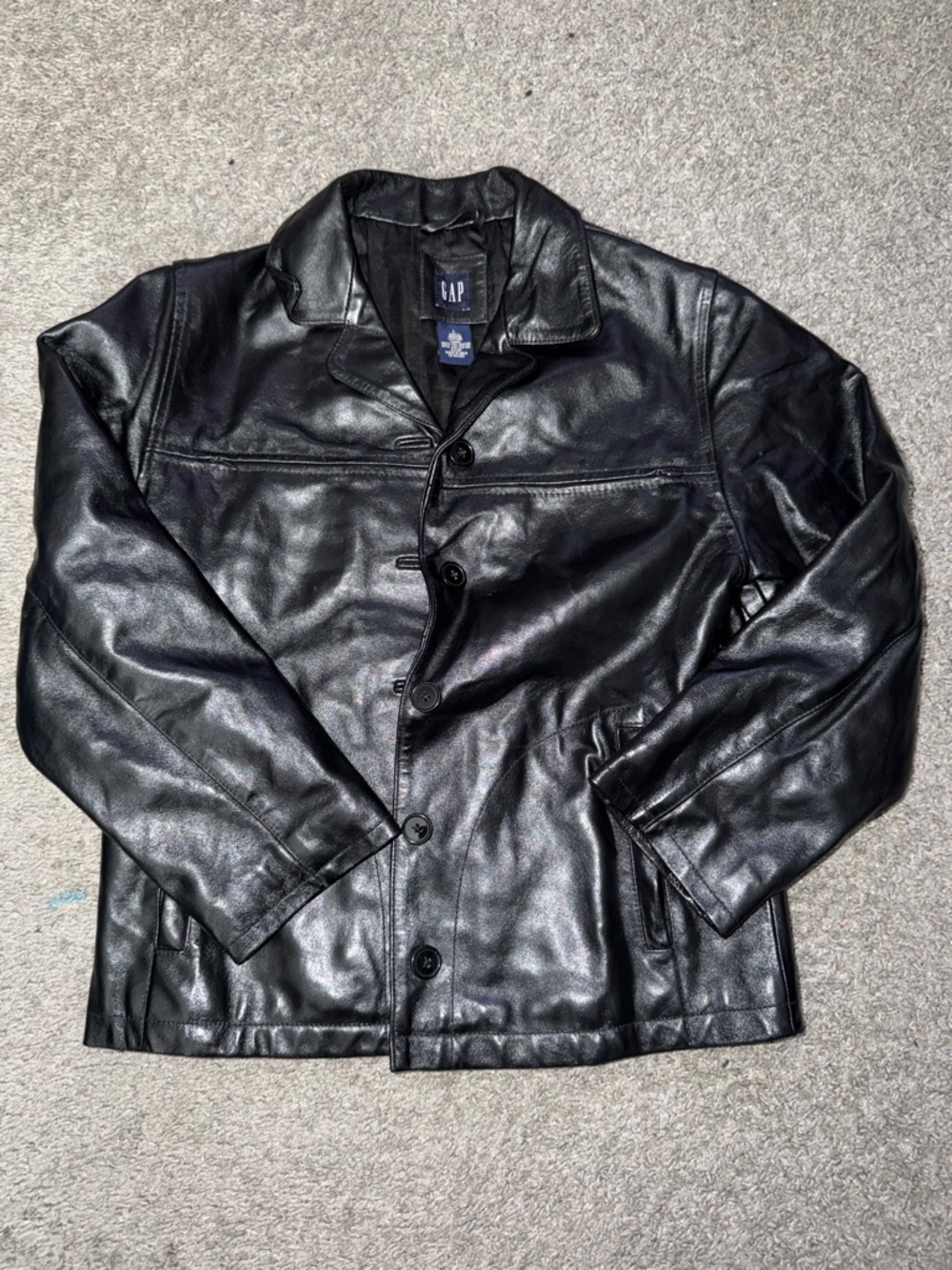 GAP Women’s Black Leather Button-Up Bomber Jacket